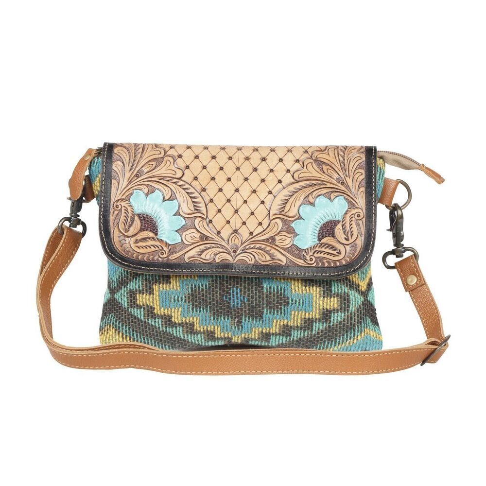 Myra Bag Handmade Meraki Hand Tooled Bag Upcycled Canvas & Cowhide Leather
